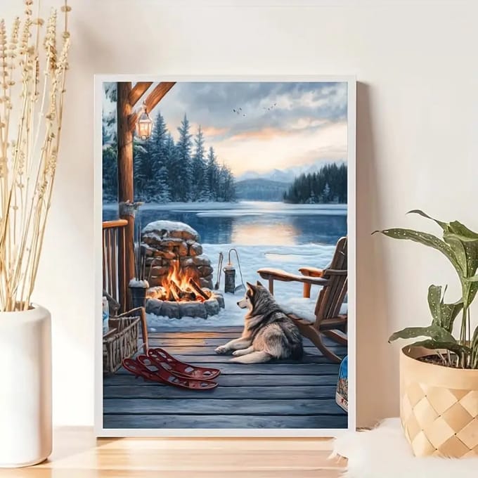 Diamond painting set Husky op veranda bij het Meer en open vuur 30x40cm