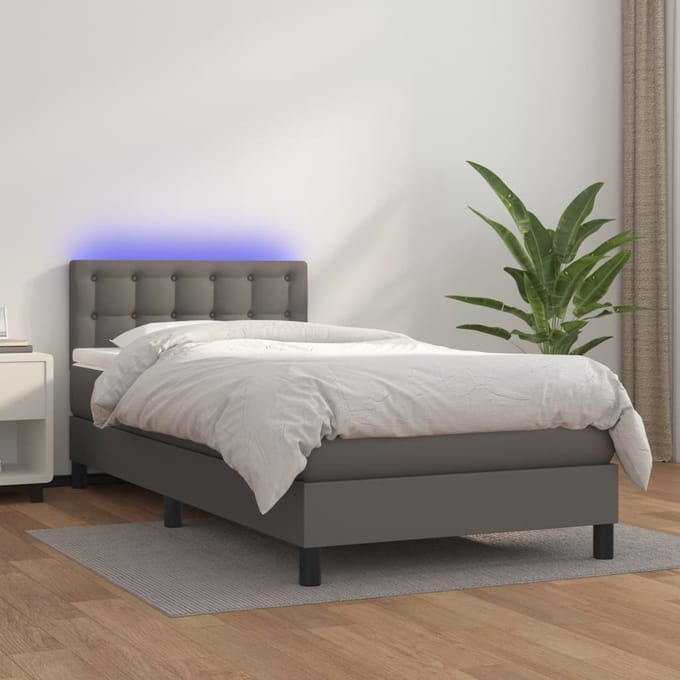 vidaXL - Boxspring - met - matras - en - LED - kunstleer - grijs - 100x200 - cm