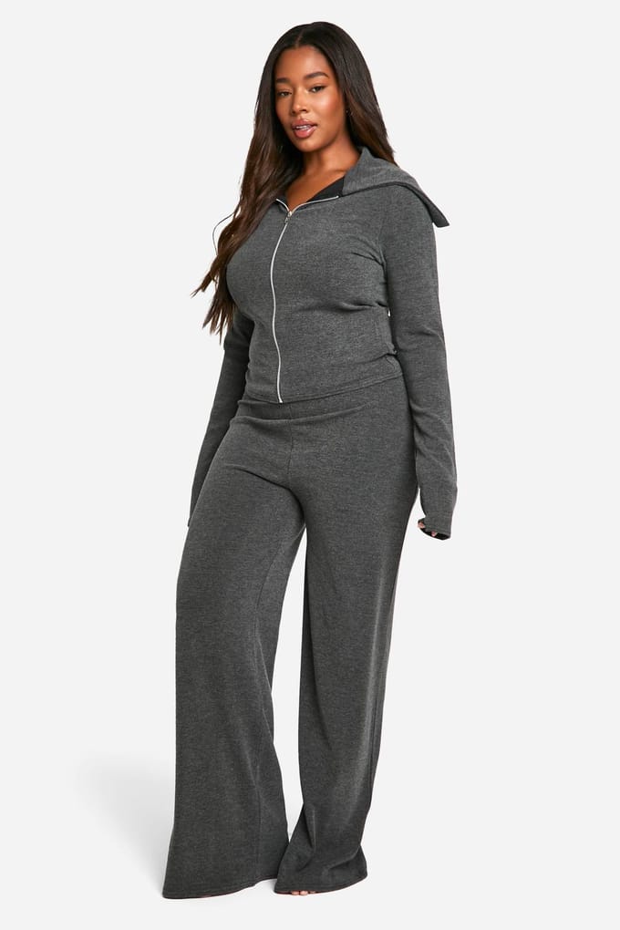 boohoo Dames Plus Two Tone Zip Top & Trouser Lounge Set | Grey | Maat: 28