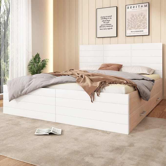 KOMHTOM Tweepersoonsbed met opbergruimte 140 x 200 cm met 2 lades frame en lattenbodem Wit
