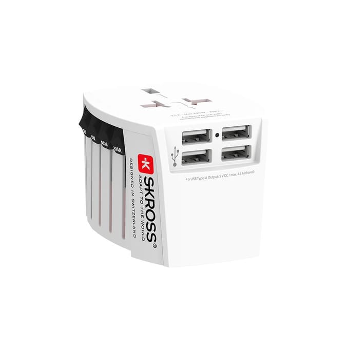 Skross - World Travel Adapter 2-pole + 4 USB Charger + 1 Type C 2400 mA White