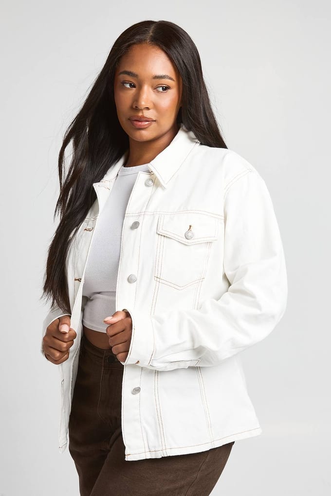 boohoo Dames Denim Jack Met Naaddetail In Plusmaat | Ecru | Maat: 48