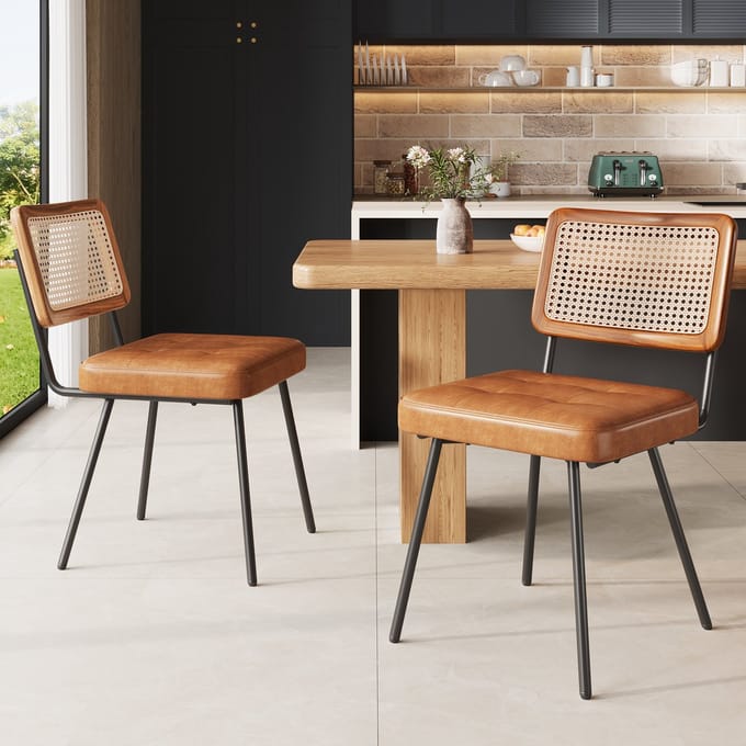 MODFU - Eetkamerstoel - Ergonomisch - Retro - Voor Eetkamer - Metaal En Kunstleer - Bruin - 61 x 46 x 79 cm