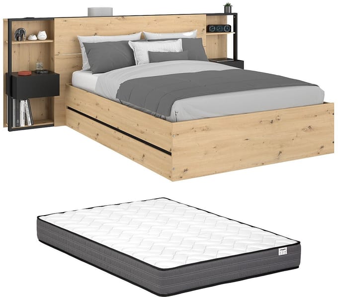 Vente-unique Bed met opbergruimte hout zwart, natuurlijk licht 160 x 200 cm