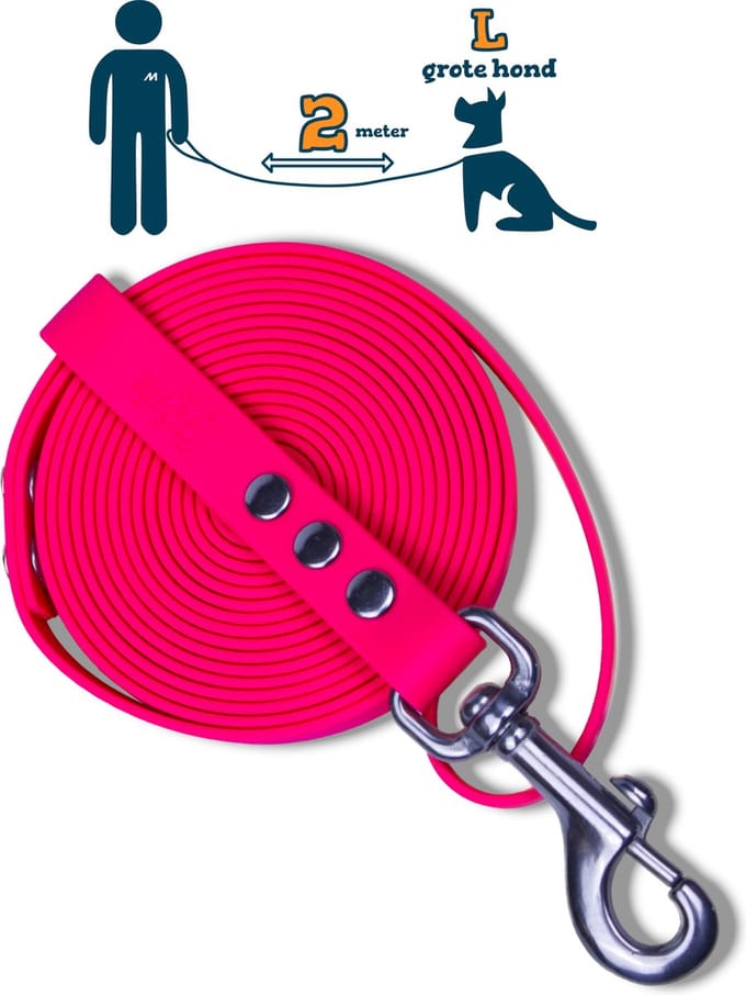 Miqdi hondenriem – BioThane® - neon roze – 2 meter lang – 19mm breed – L/XL - grote hond