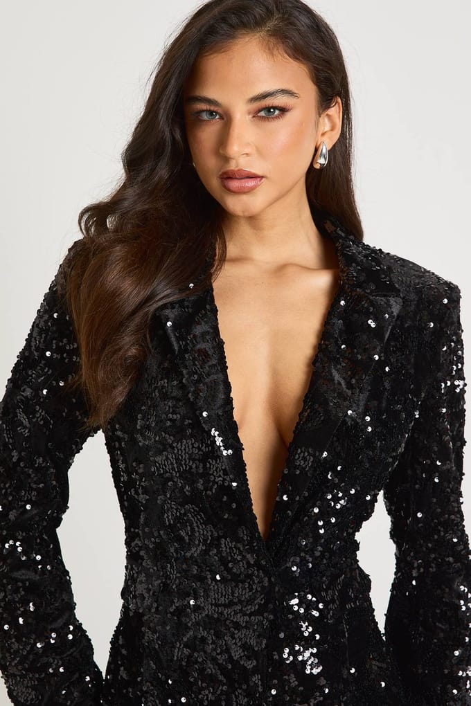 boohoo Dames Gestructureerde fluwelen kanten demask blazerjurk | Zwart | Maat: 38