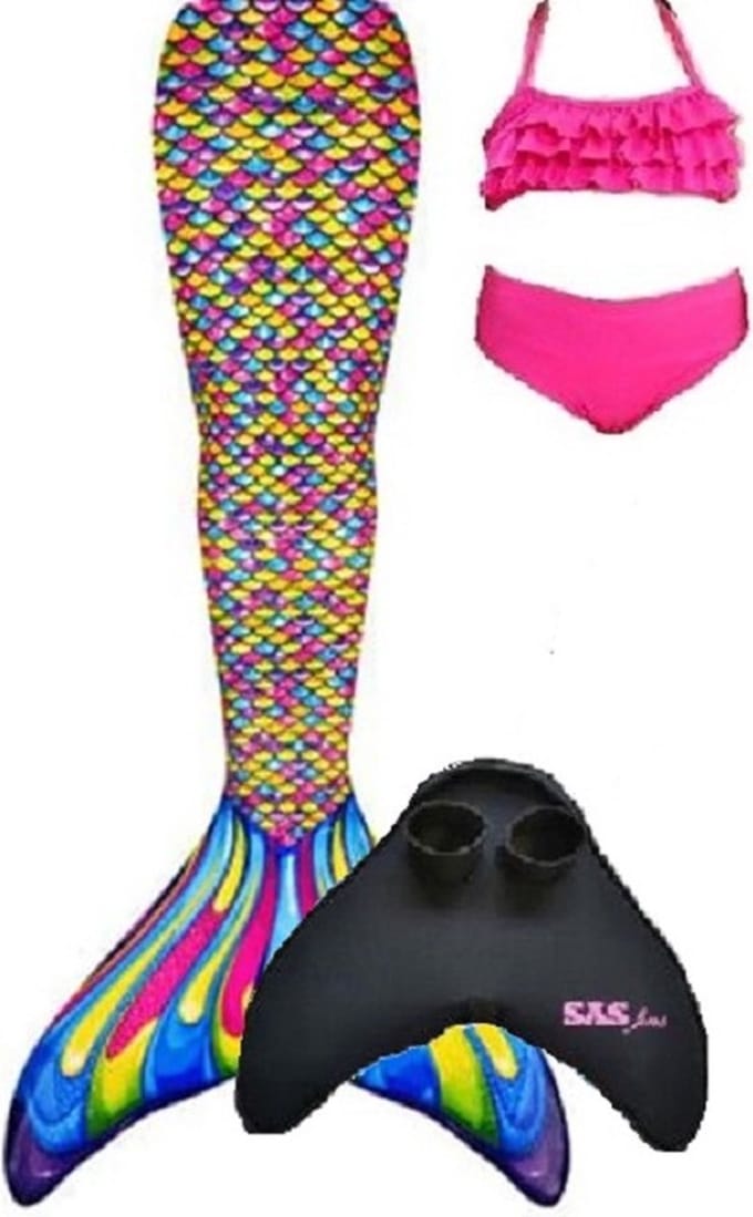 Zeemeerminstaart set Confetti |maat 128/134 |Met bikiniset en zware kwaliteit neopreen monovin