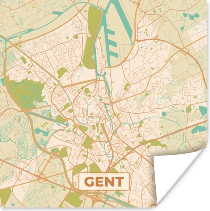 Poster Kaart - Gent - Vintage - Plattegrond - Stadskaart - 75x75 cm