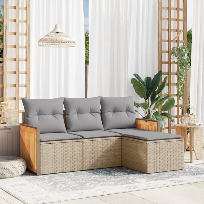 vidaXL - 4-delige - Loungeset - met - kussens - poly - rattan - beige