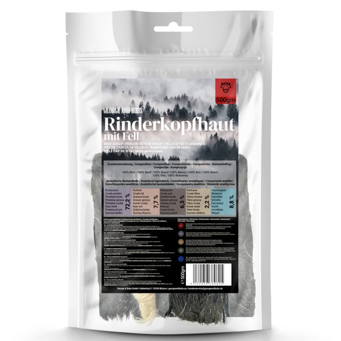 500gGeorge & Bob's runderhoofdhuid met vacht hondensnacks