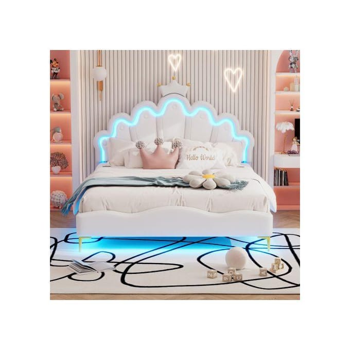 Tweepersoonsbed - MUVOE - 140x200 cm - PU Leer - Verstelbare LED - Wolk design wit