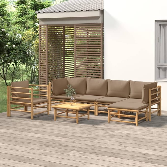 vidaXL - 7-delige - Loungeset - met - kussens - bamboe - taupe