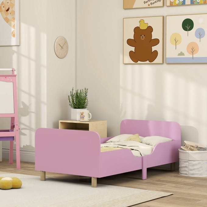 MODFU Kinderbedframe 140x70 cm van hout en MDF – roze – met uitvalbeveiliging – voor 3-8 jaar
