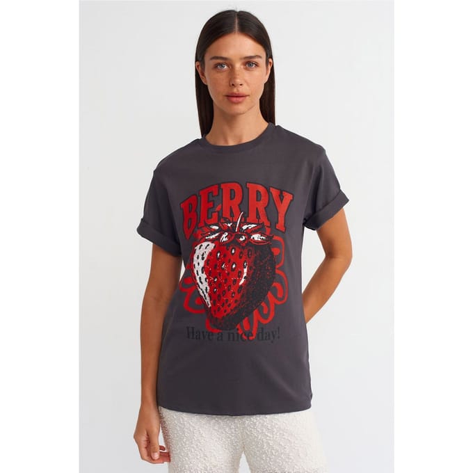 Dames Katoenen Geprinte Rundhals T-Shirt