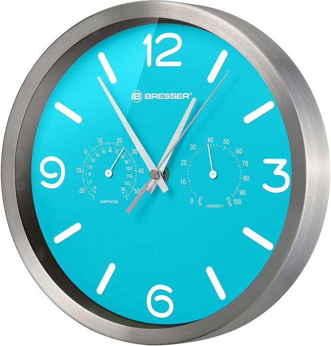 Bresser Wandklok - Mytime Aluminium - Aqua Blauw - Ø25 CM