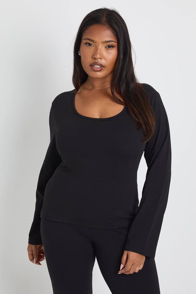boohoo Dames Plus Basic Top met vierkante hals en lange mouwen | Zwart | Maat: 46