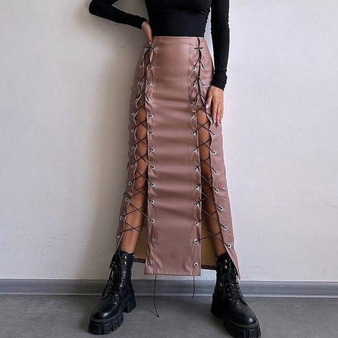 Dames Lente PU Leer Sexy Effen Kleur Split Vetersluiting Heup Rok Slimme Rok XL gray