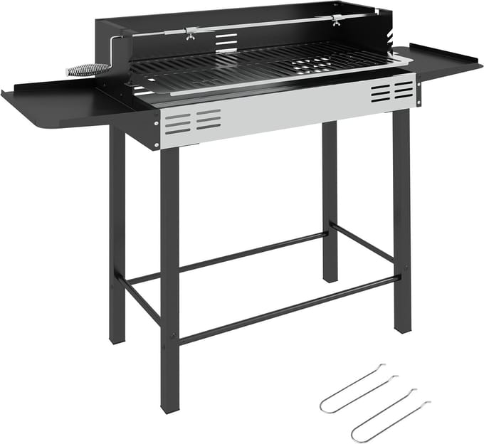 Outsunny Houtskoolbarbecue met Draaispit - Houtskool BBQ - Barbecue voor Tuin en Camping - RVS - Zwart