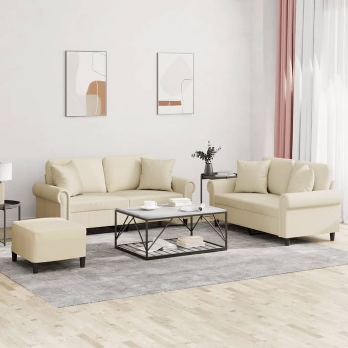 vidaXL - 3-delige - Loungeset - met - kussens - kunstleer - crèmekleurig