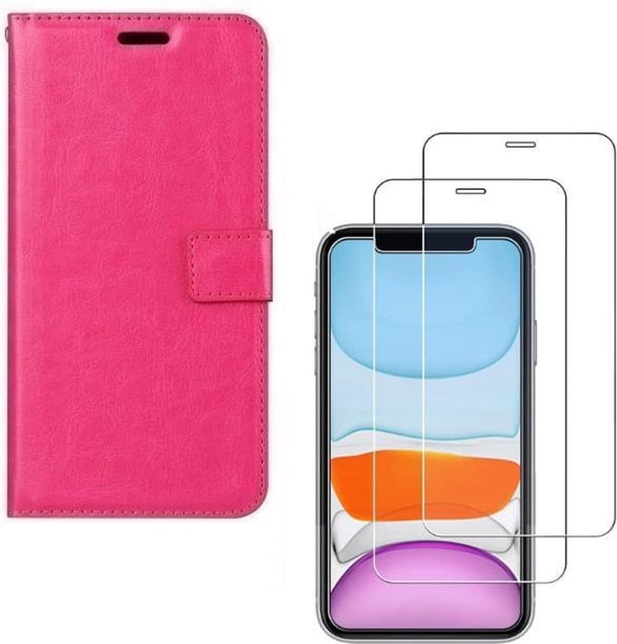 Bookcase Geschikt voor: iPhone 11 Pro - roze - portemonee hoesje + 2X Tempered Glass Screenprotector