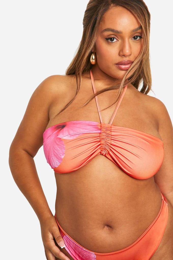 boohoo Dames Plus Size Bloemen Bandeau Bikini Top | Oranje | Maat: 54
