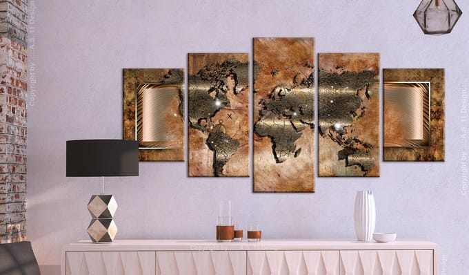 Schilderij - Stalen wereldkaart (staal look, dus canvas) 5 luik