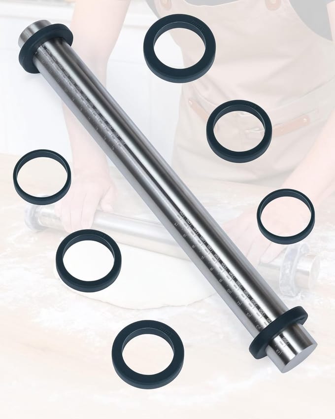 Professionele RVS Deegroller met 4 Paar Siliconen Ringen - Verstelbare Nonstick Roller voor Pizza, Gebak en Koekjesdeeg - 40 cm Lang