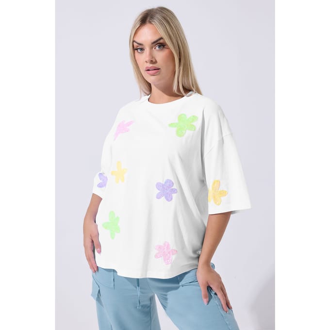 Limited Collection Wit Boxy Tshirt Met Pailletten En Bloemenprint Size 42