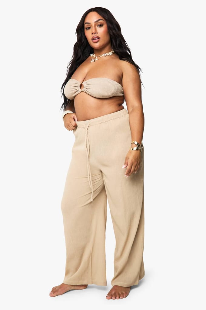boohoo Dames Plus Crinkle Cotton Strandbroeken | Beige | Maat: 28