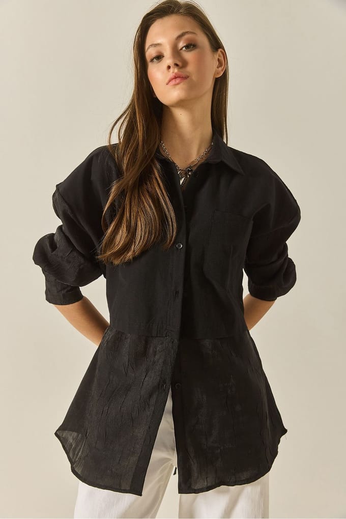 Oversized Organza Blouse met Lange Mouwen en Knoopsluiting