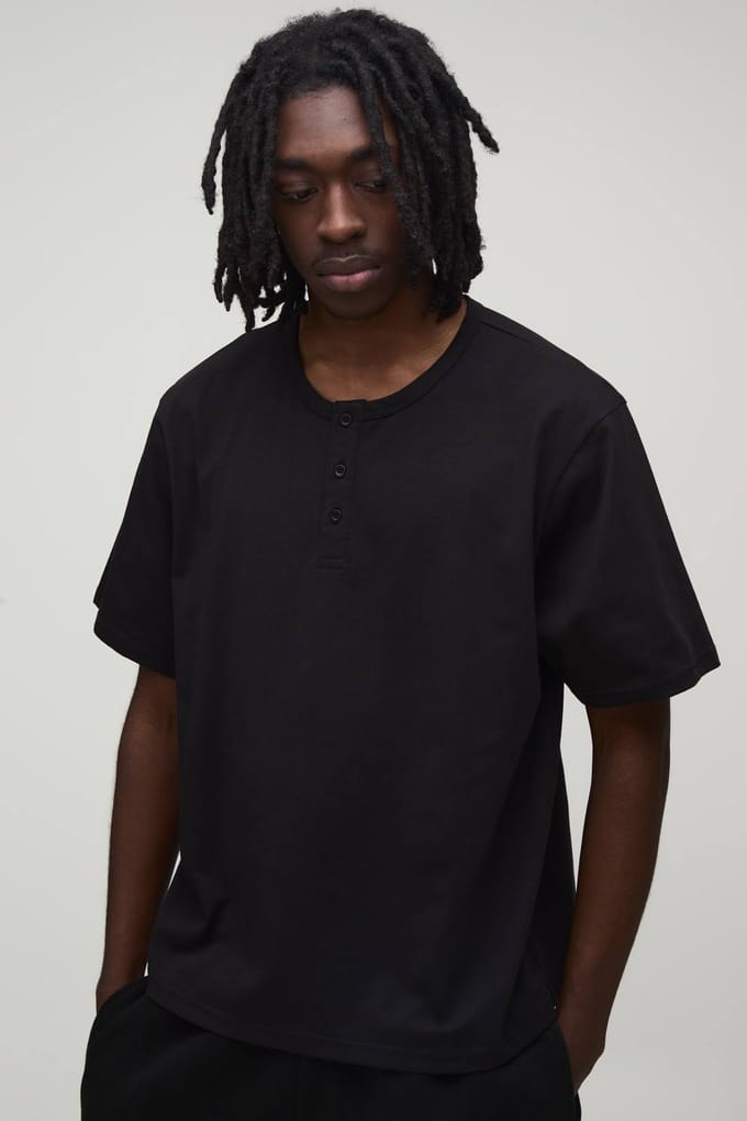 Basic Henley T-shirt Met Relaxed Fit | Black | Size XS