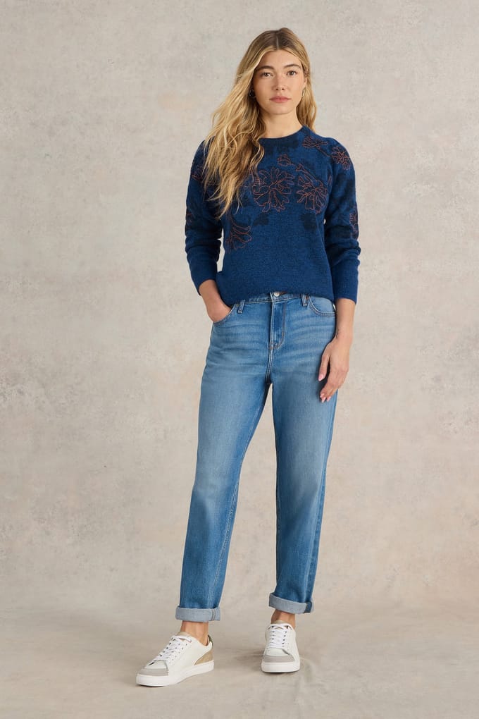 White Stuff Julie Embordiered Jumper Mid Blue Größe: 6 | Strickpullover Outlet | Damen | Blau