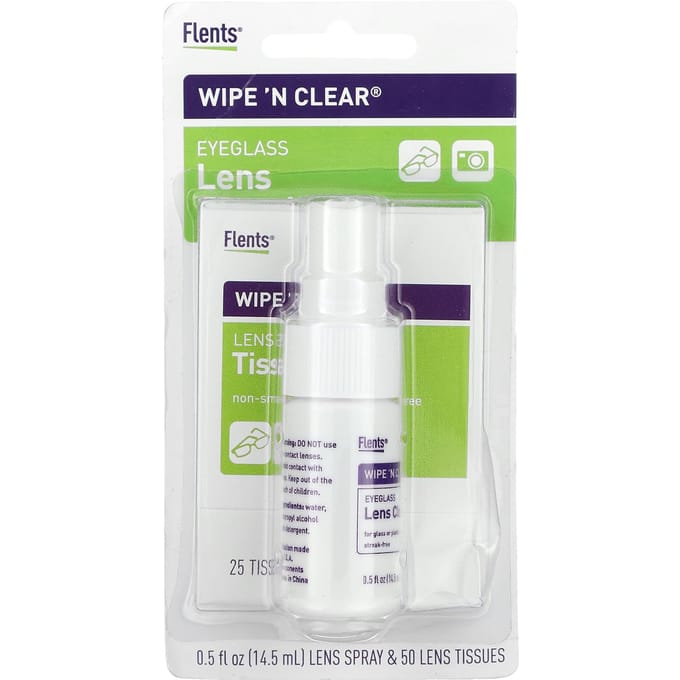 Wipe 'N Clear, Zonnebril Lensreiniger, 50 Doekjes, 1 Spray, 14,5 ml (0.5 fl oz) white