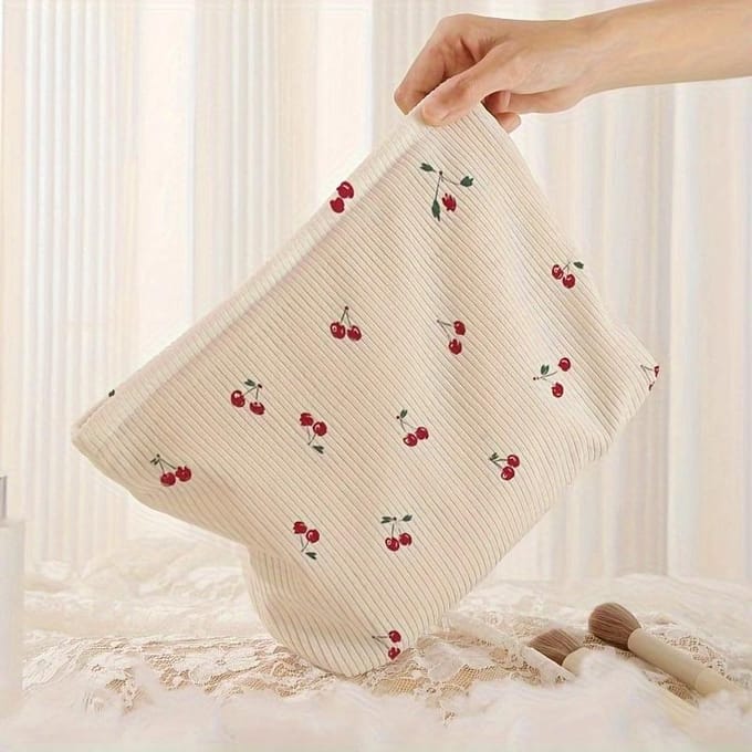 Sac de Rangement pour Maquillage en Velours Côtelé Imprimé Cerises, Poche zippée Légère Grande Capacité, Sac à Maquillage Doublé Multifonctionnel blanc