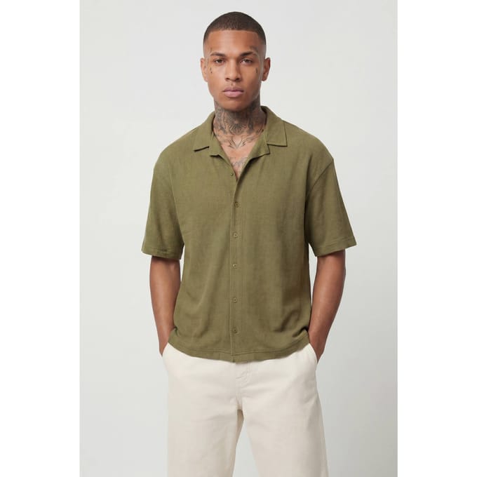 Korte Mouw Geribbeld Reverskraag Oversized Shirt | Khaki | Size Small