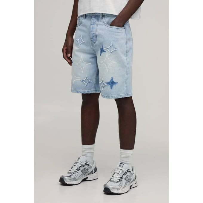 Relaxed Rigid Denim Shorts Met Ster Applicatie | Light Blue | Size 42R