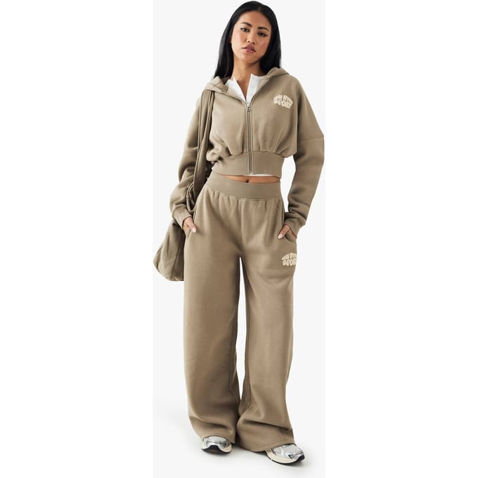Dames DSGN Studio Sport Bubble Slogan Rechte Pijp Joggingbroek | Washed Khaki | Maat: Medium