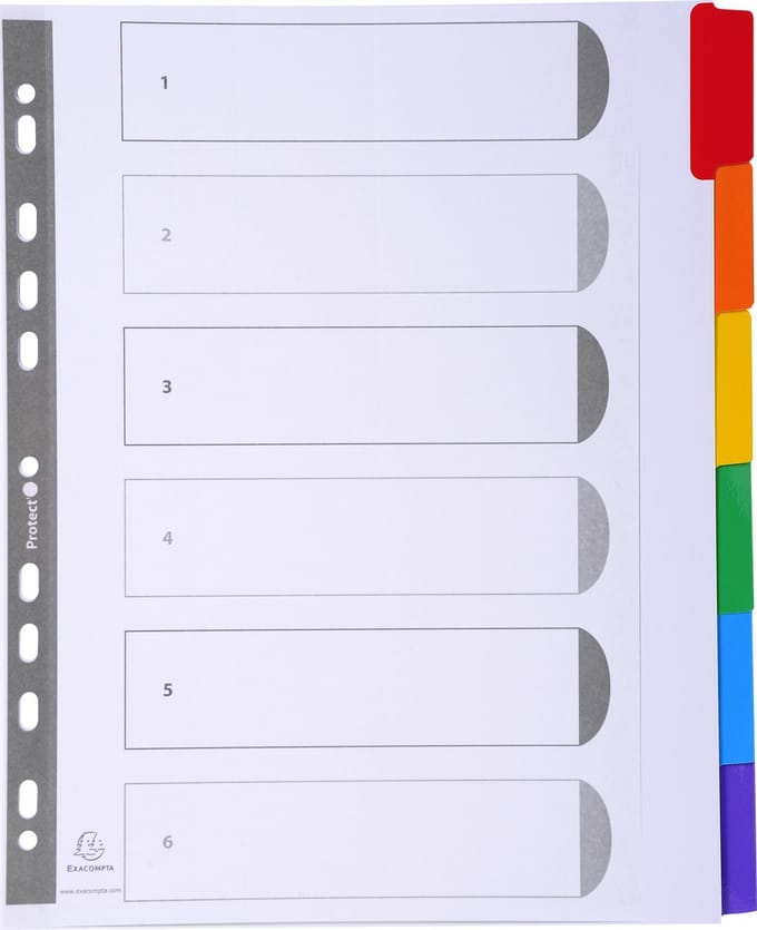 Exacompta 20x Tabbladen karton 160g - geplastificeerde gekleurde tabs + index - 6 tabs - A4 maxi - Wit - 4306E