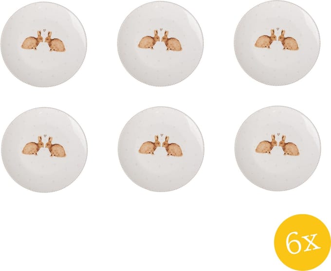 Clayre & Eef Ontbijtbord set van 6 stuks Ø 20 cm Wit Bruin Porselein Konijnen
