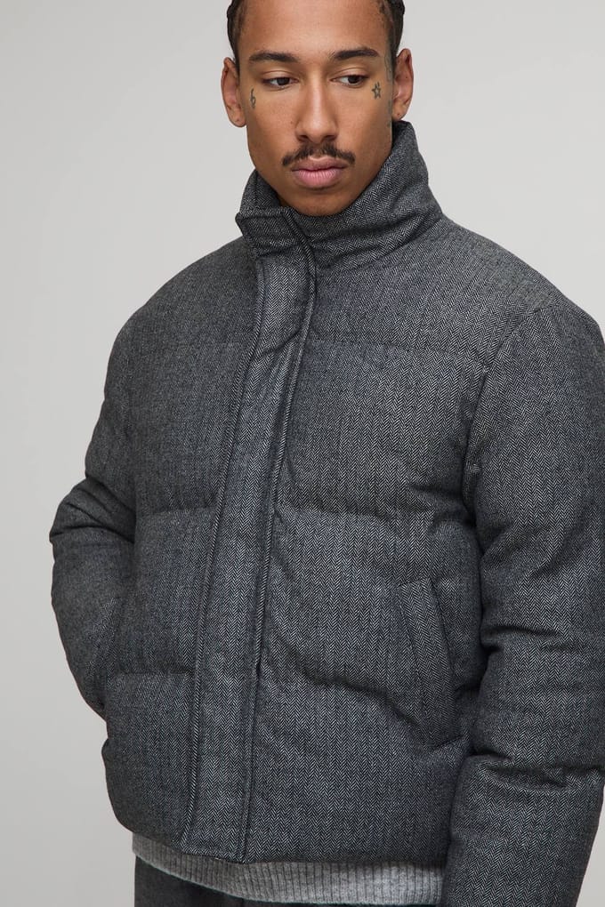 Boxy Fit Check Funnel Neck Puffer Jacket | Grey | Size Medium