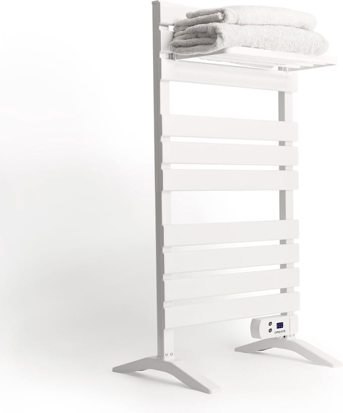 CREATE - Elektrische handdoekhouder 500W - Wit - Met poten - Met legbord 3 spijlen - WARM TOWEL
