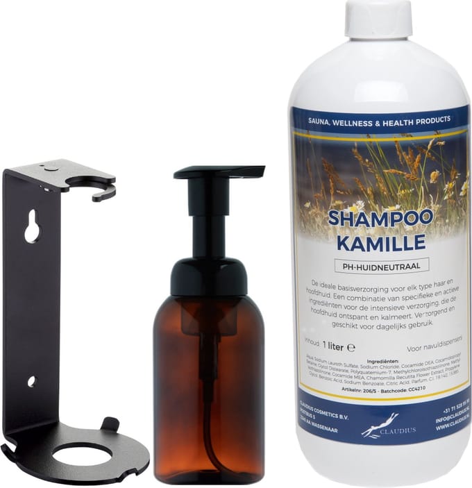 Zeepdispenser 300 ml amber bruin hervulbaar + 1 liter Shampoo Kamille navulling (inclusief beugel)