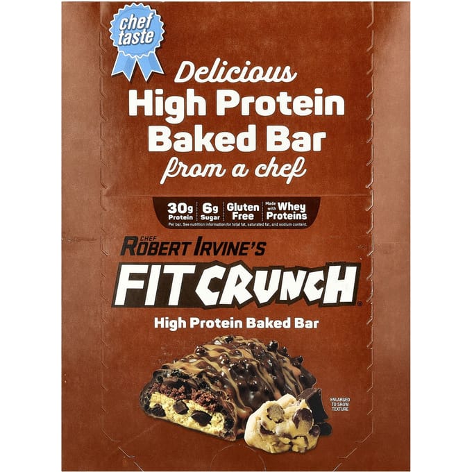FITCRUNCH, Barres Cuites Protéines de Whey, Pâte à Cookie aux Pépites de Chocolat, 12 barres, 3,10 oz (88g) chaque