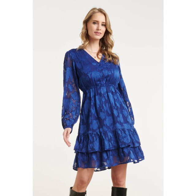 Smashed Lemon Blauwe jurk met bloemenstructuur en ruffle zoom |