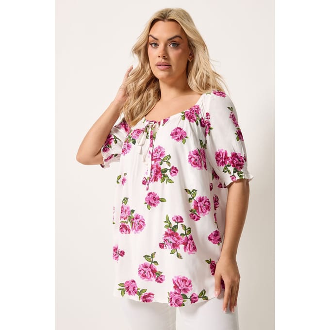 Yours Witte Top Met Bloemenprint En Pofmouwen Size 44