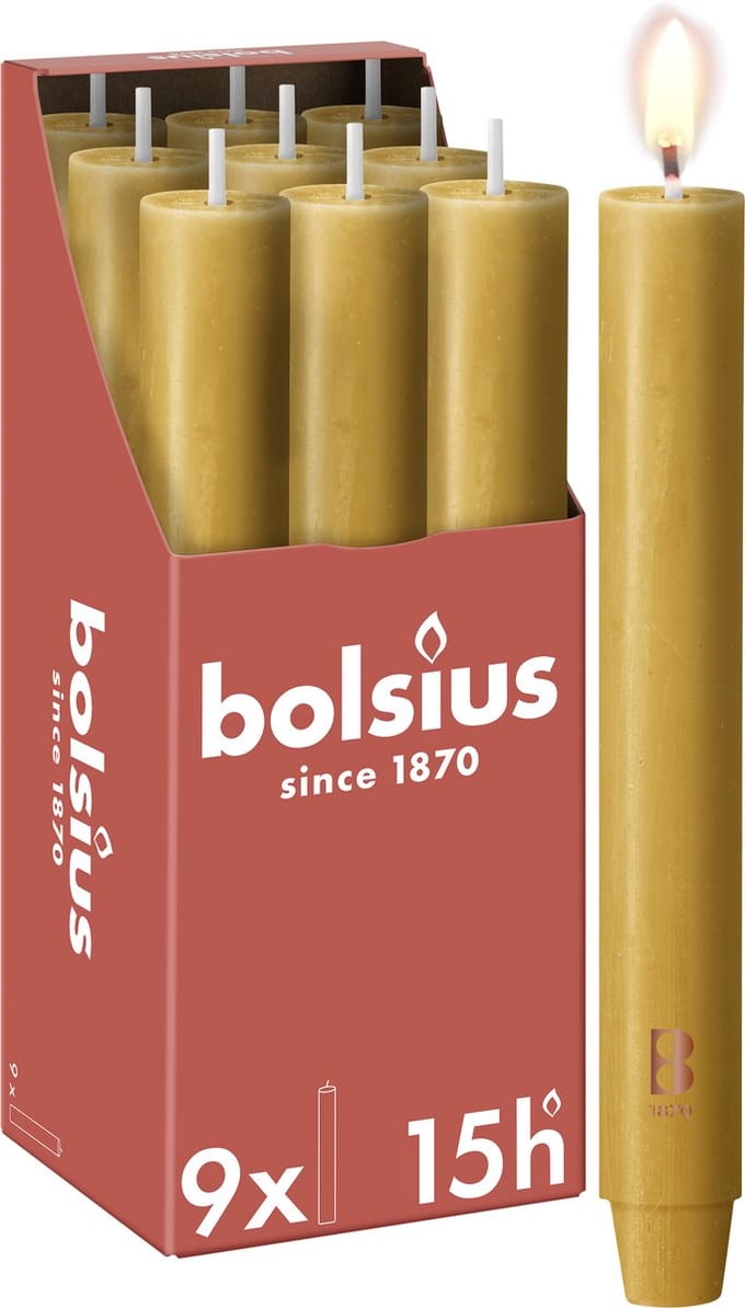 Bolsius - 9 Dinerkaarsen Rustiek Extra Breed - Beige - 23 cm - Diameter 3 cm - 15 Branduren