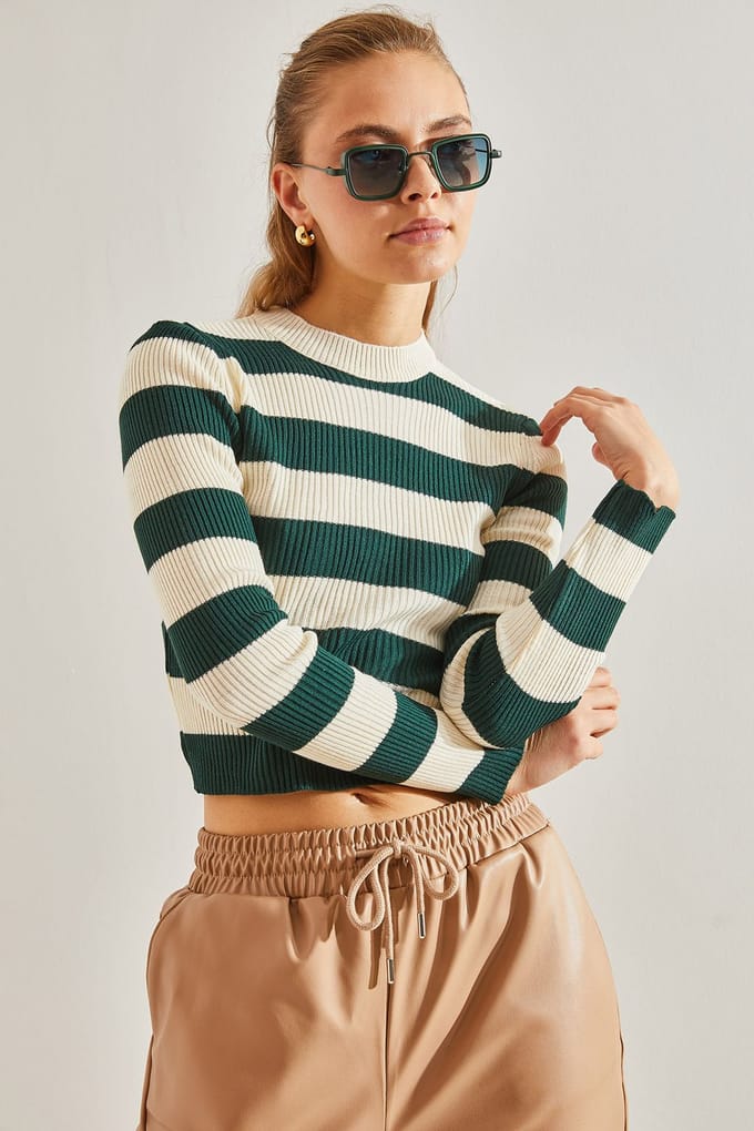 Gestreepte Crop Blouse met Ronde Hals