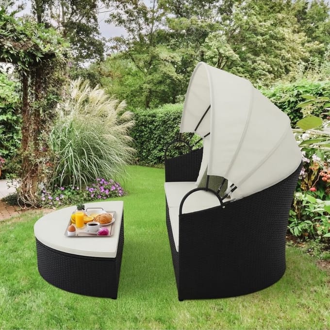 Rattan Sunbed with Retractable Canopy, – Wit – 187x180x157 cm – Industrohome