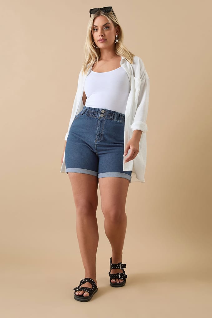 Yours Denim Short Met Omslag En Elastische Tailleband In Middenblauw Size 50