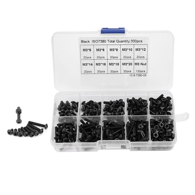 Kit d'assortiment de 300 vis à tête cylindrique à six pans creux M3 noires de qualité 10.9
